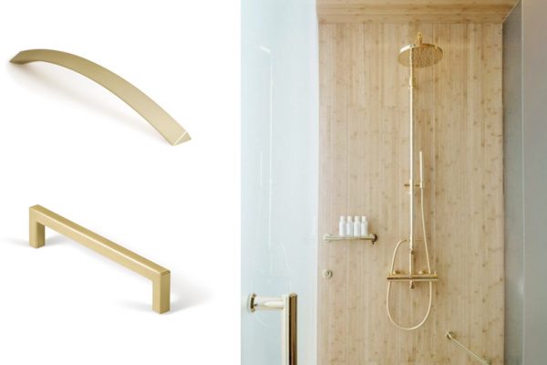 Complementos dorados para baños. Golden accessories for bathrooms. By Viefe knobs and handles. Pomos y tiradores.