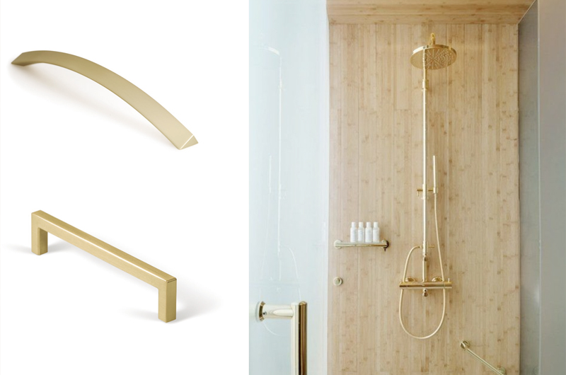 Complementos dorados para baños. Golden accessories for bathrooms. By Viefe knobs and handles. Pomos y tiradores.